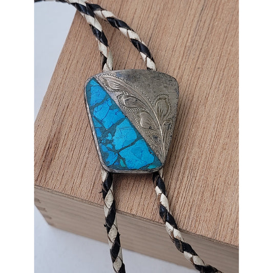 VTG Southwestern Americana Leather Bolo Tie w Etched Sterling Silver & Turquoise