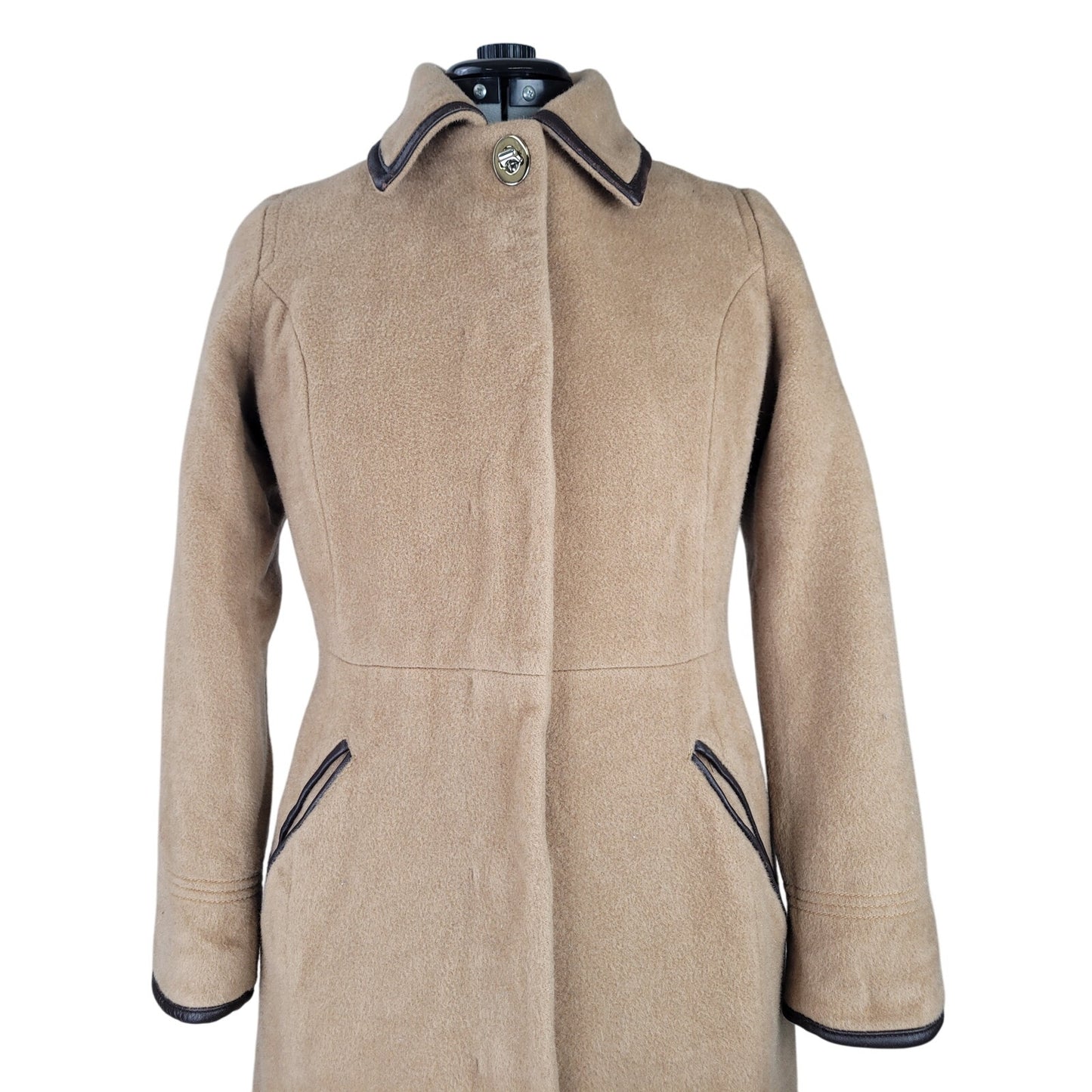 Coach Tan Mohair/Wool Brown Leather Trim Overcoat Sz XS