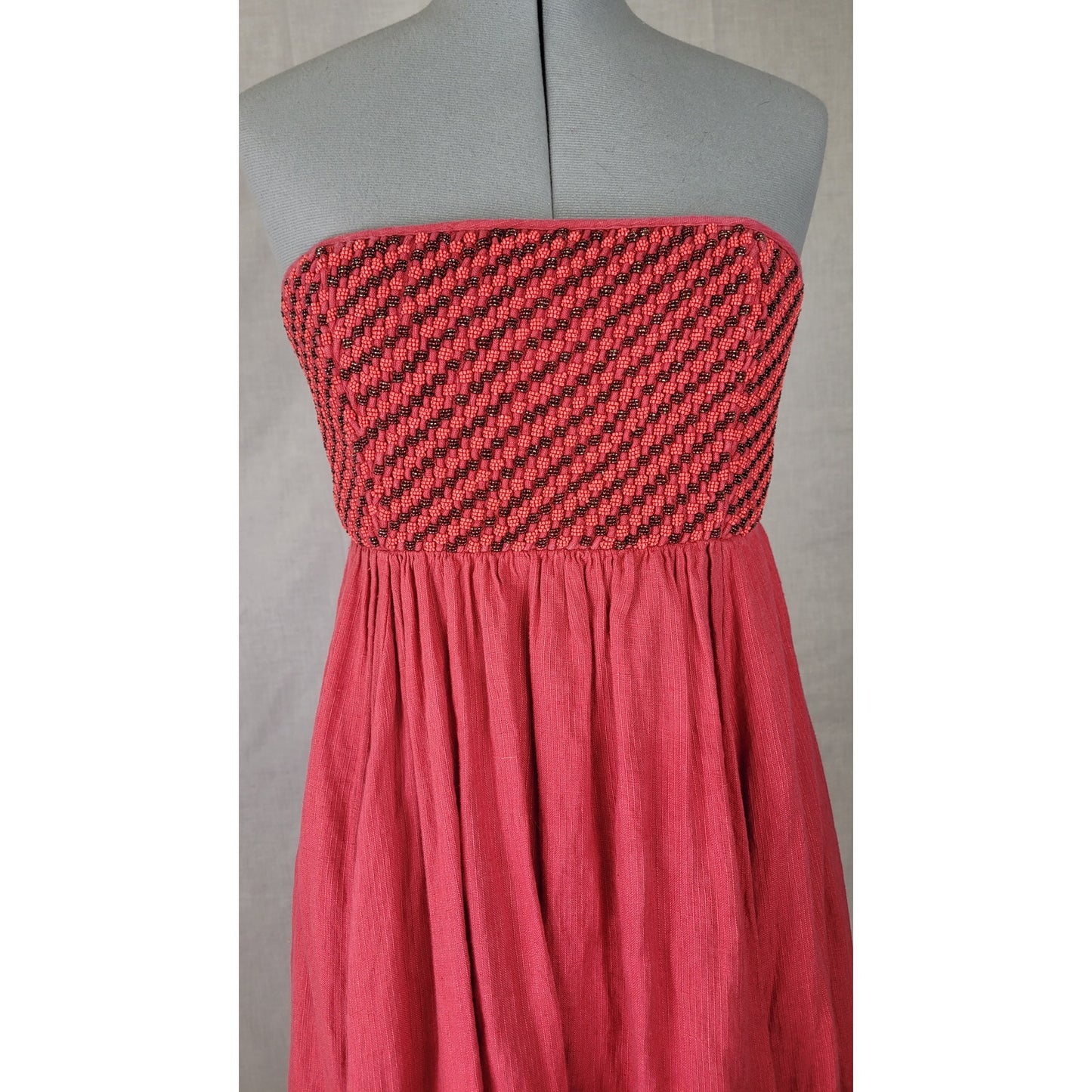 Free People Shimmers in the Sky Linen Maxi Dress Bead Embellished Bodice Sz L