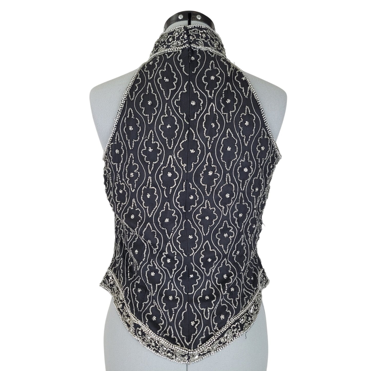 Vintage 1990s Marina Silk w Silver Beads Great Gatsby Sleeveless Blouse Sz S