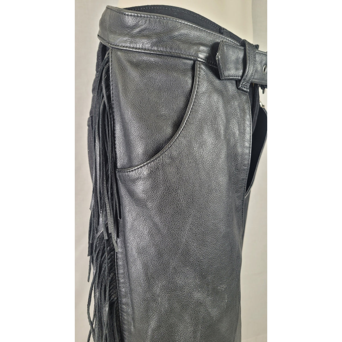 VTG Harley-Davidson Fringe Black Leather Motorcycle Riding Chaps Women's Sz L