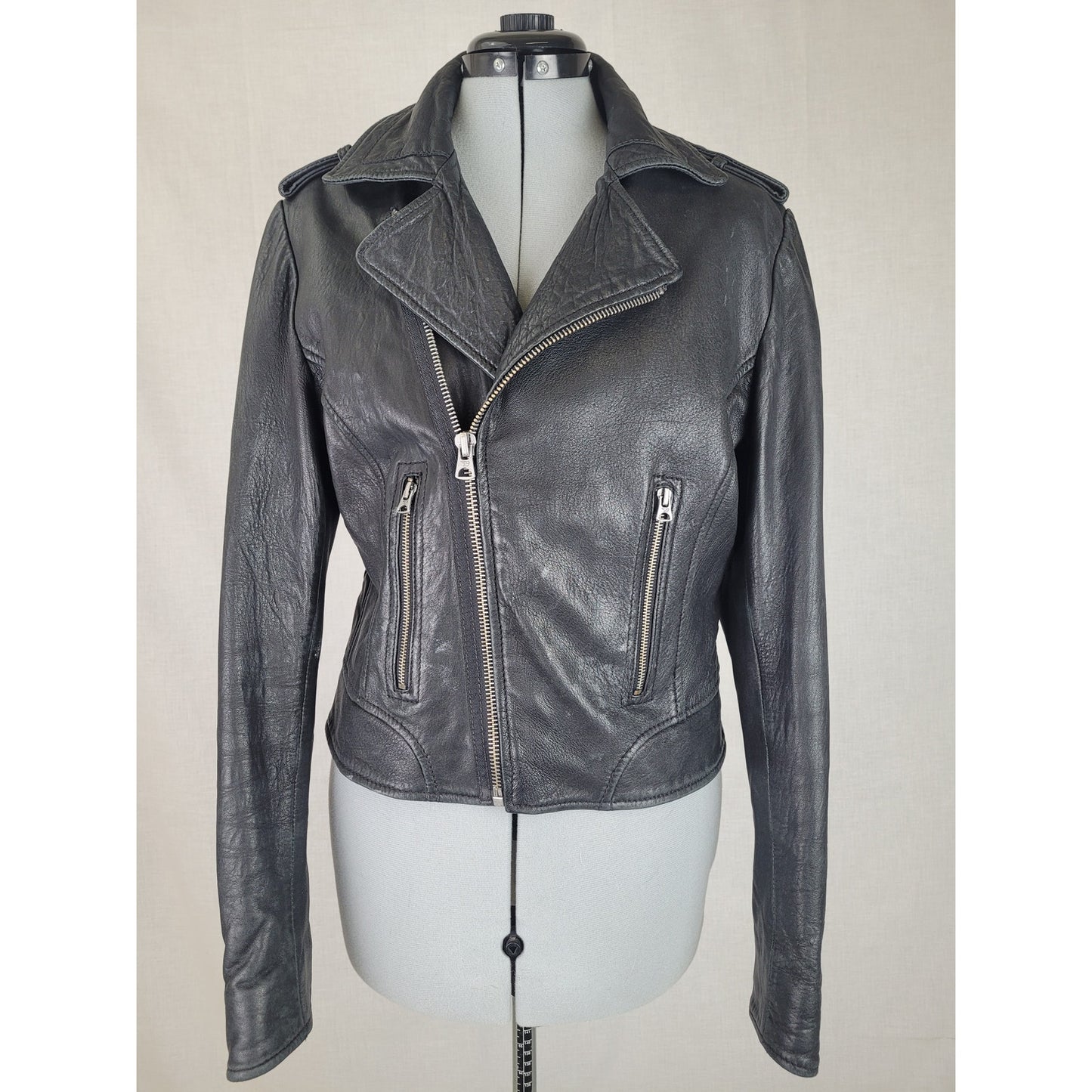 Buffalo David Bitton Black Genuine Leather 1973 Motorcycle Jacket Women's Sz M