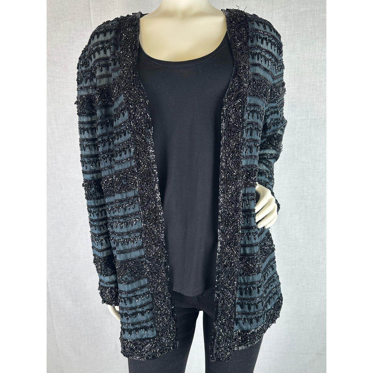 Vintage Oleg Cassini Black Tie Heavily Beaded Silk Evening Jacket Women's Sz L