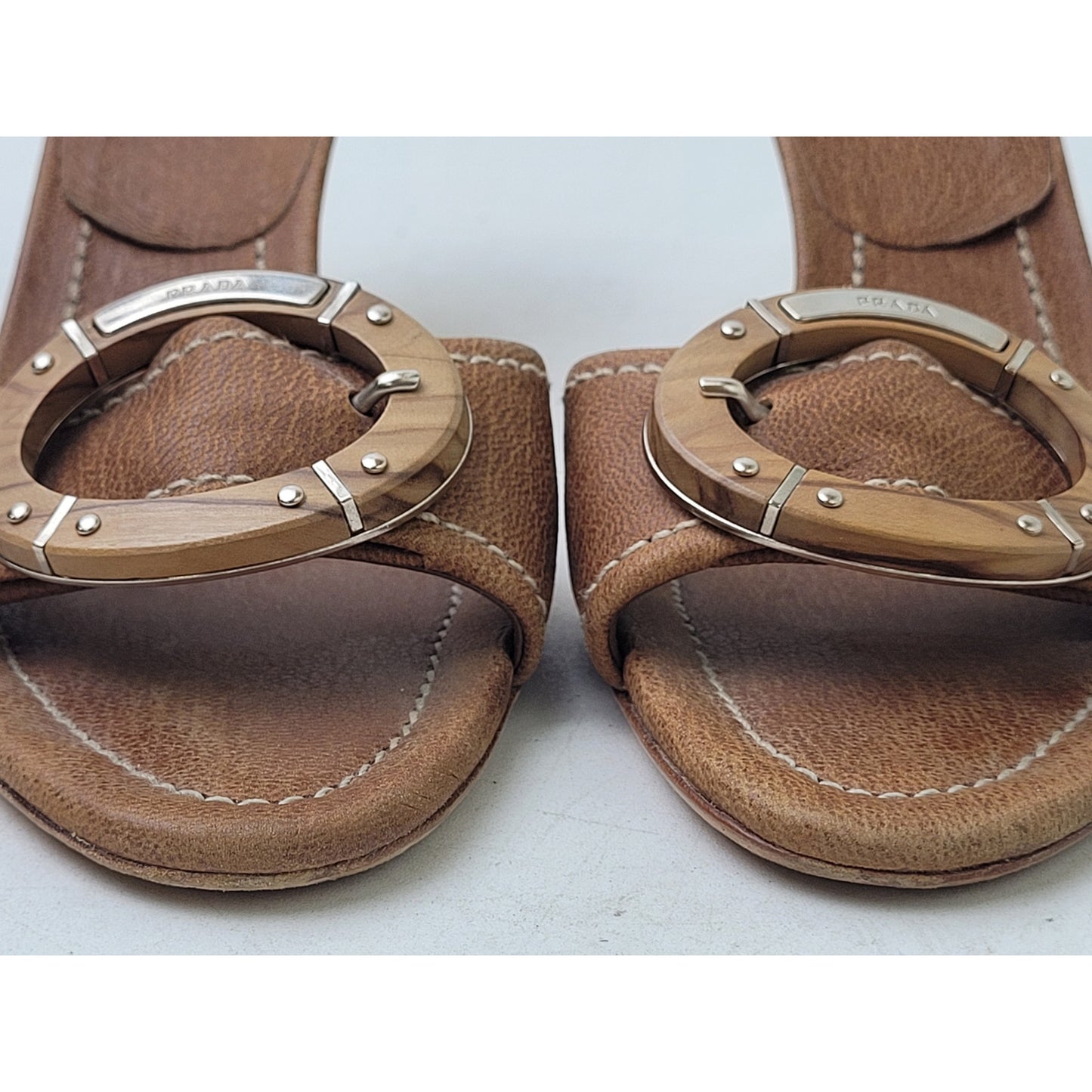 PRADA Leather Mules 3" Heeled Sandals w Wooden Buckle Sz EU 37 / US7