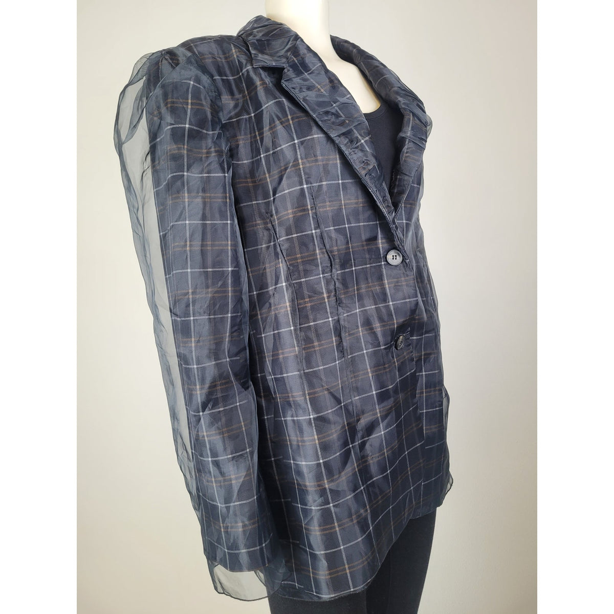 By Anthropologie Tulle Overlay Plaid Blazer Sheer Tulle Puff Sleeves Sz M