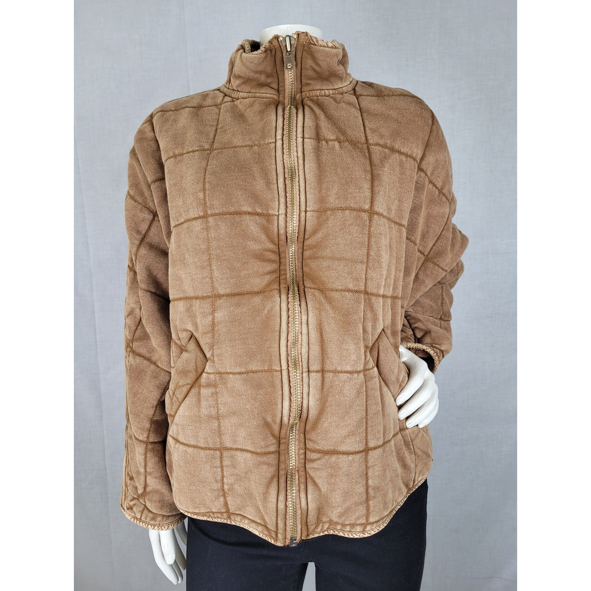 Free People Dolman Quilted Knit Jacket in Toasted Coconut Zip Front Sz XS