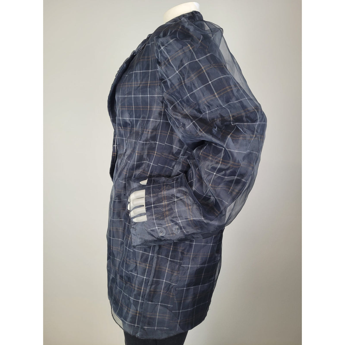 By Anthropologie Tulle Overlay Plaid Blazer Sheer Tulle Puff Sleeves Sz M