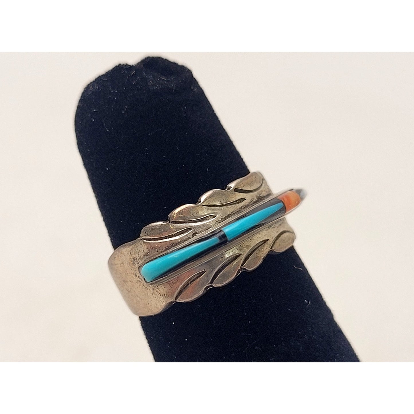 Vintage Native American Sterling Silver Ring Multi-Stone Inlay | Sz 3.75