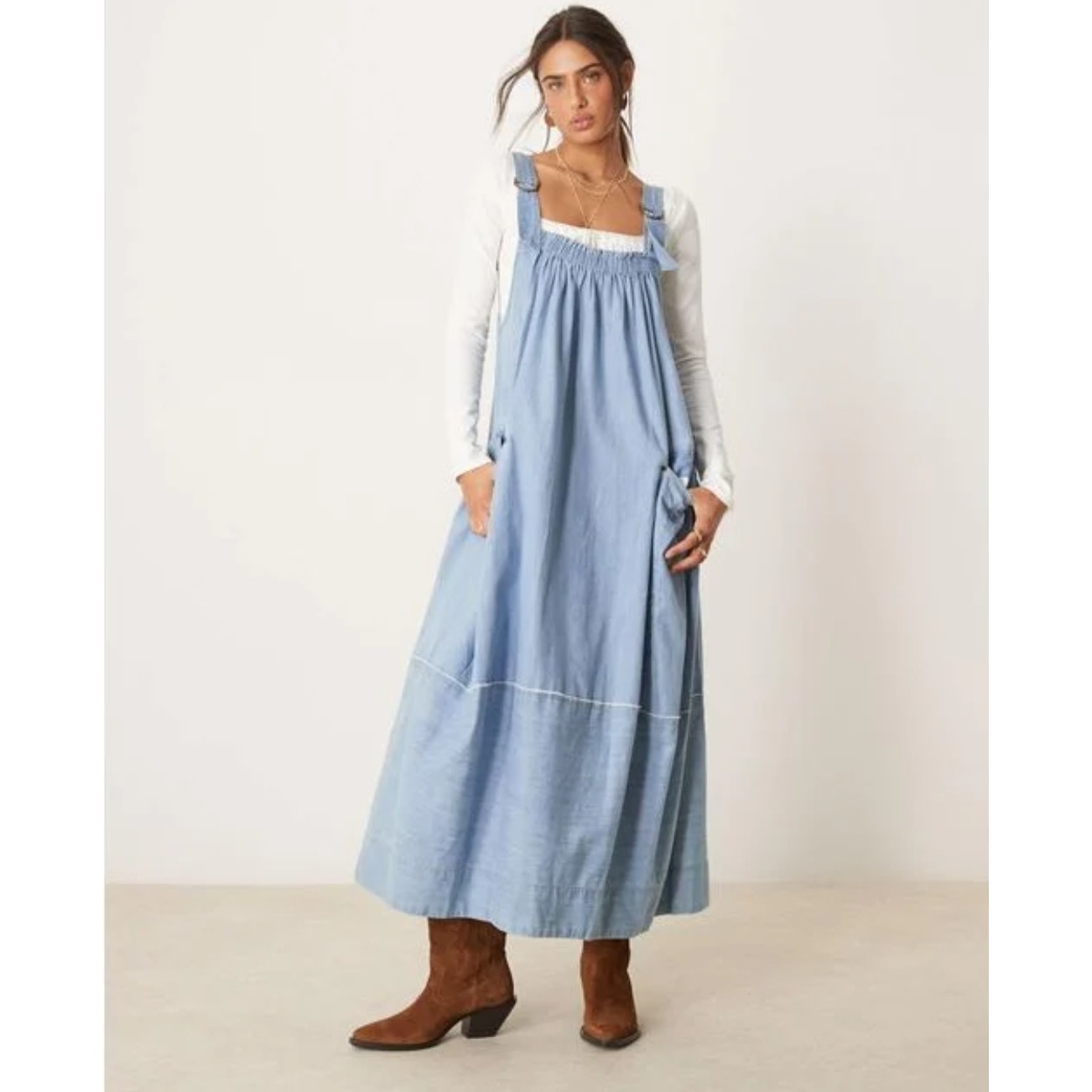 Free People Blue Denim Machu Barrel Midi Dress Jumper Women's Sz M