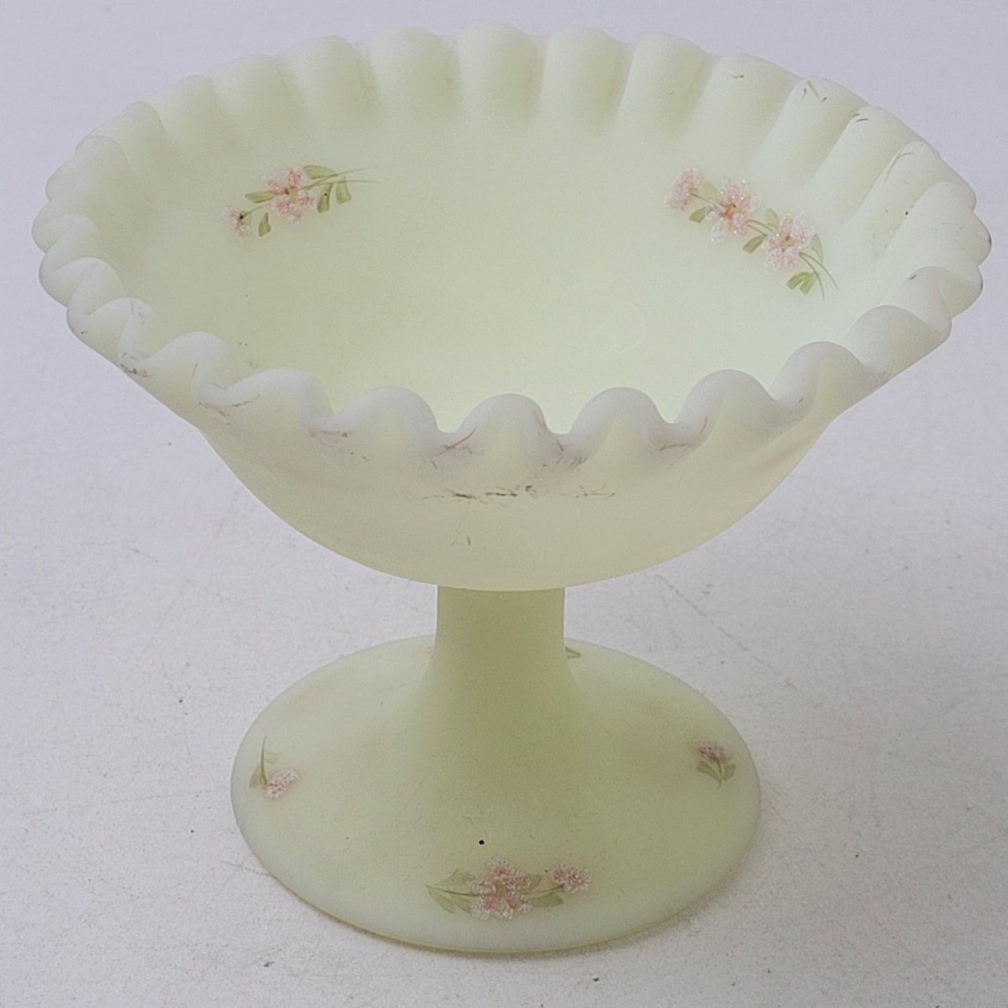 Vintage 1970s Fenton Custard Satin Small Compote Hand-Painted Artist Signed