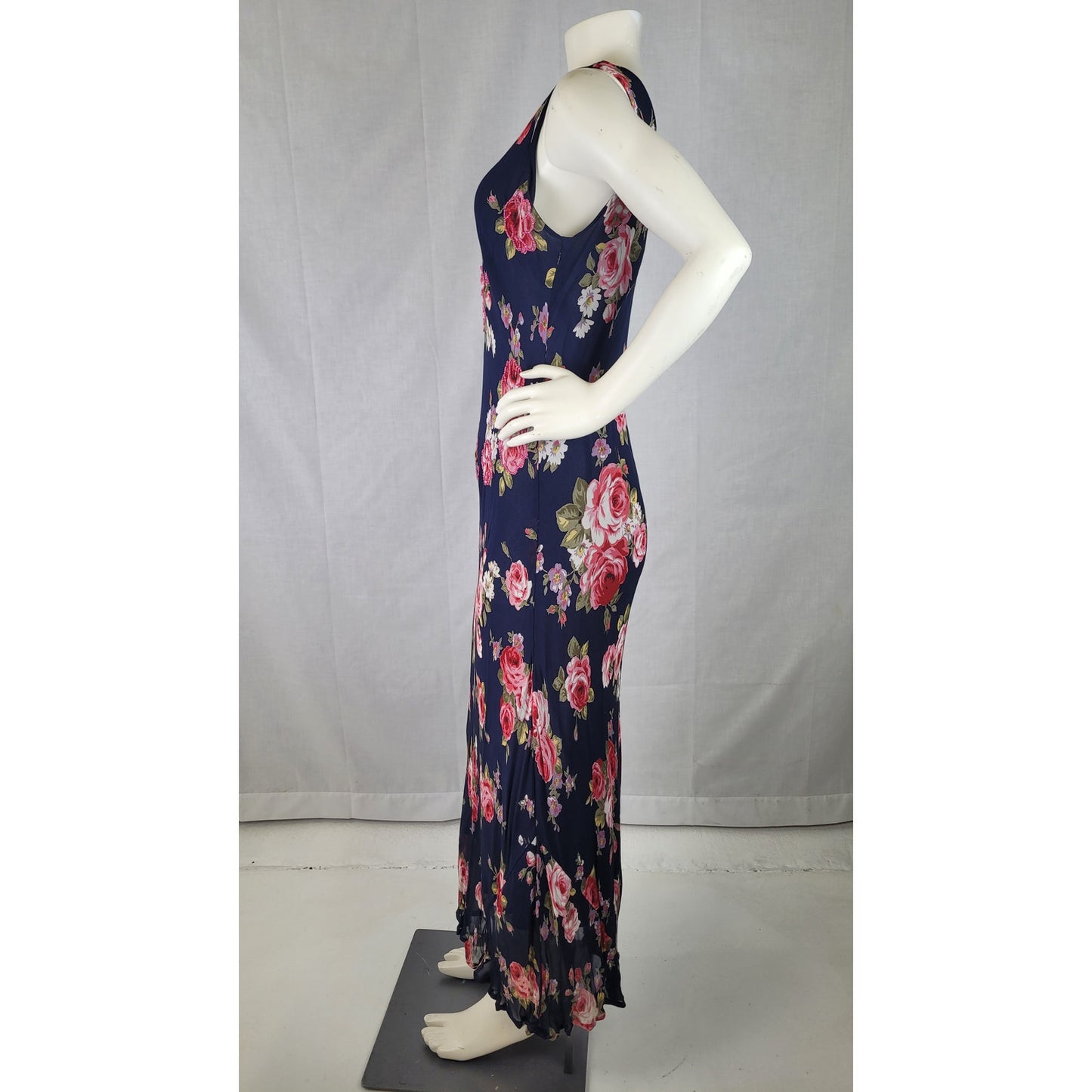 Y2K R&K Originals Bias-Cut Navy Blue Slip Dress Floral Print Beadwork Sz S/M