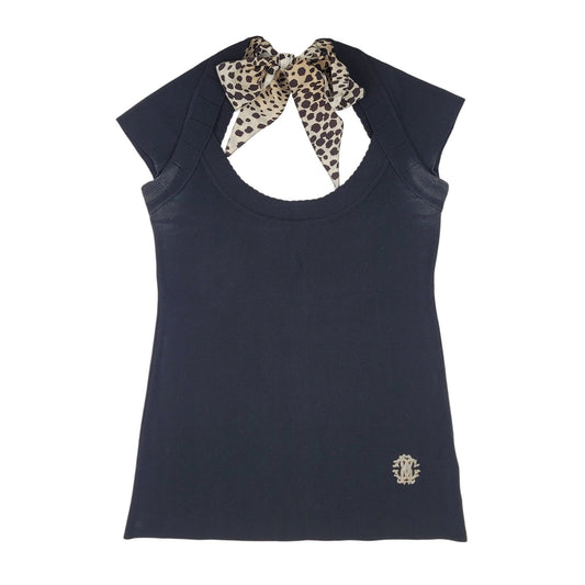 Roberto Cavalli Black Low Back Fitted Knit Top Ft. Leopard Silk Tie Back Sz S/M