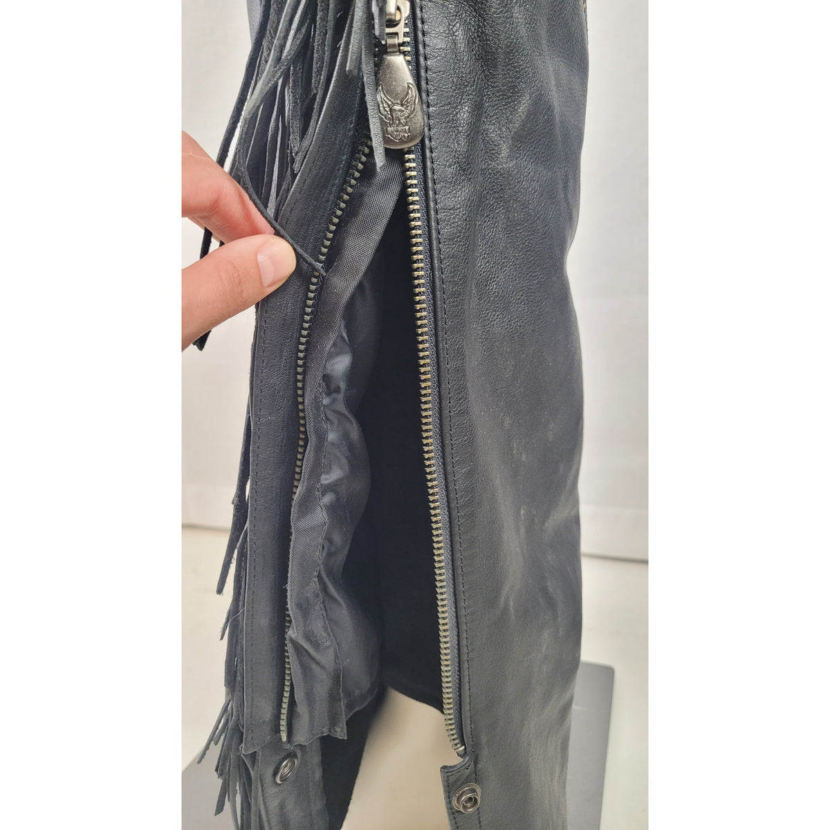 VTG Harley-Davidson Fringe Black Leather Motorcycle Riding Chaps Women's Sz L