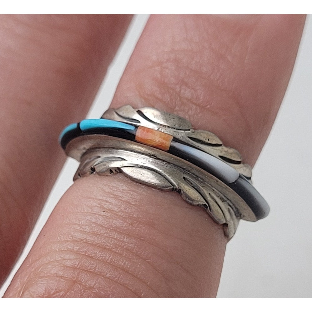 Vintage Native American Sterling Silver Ring Multi-Stone Inlay | Sz 3.75