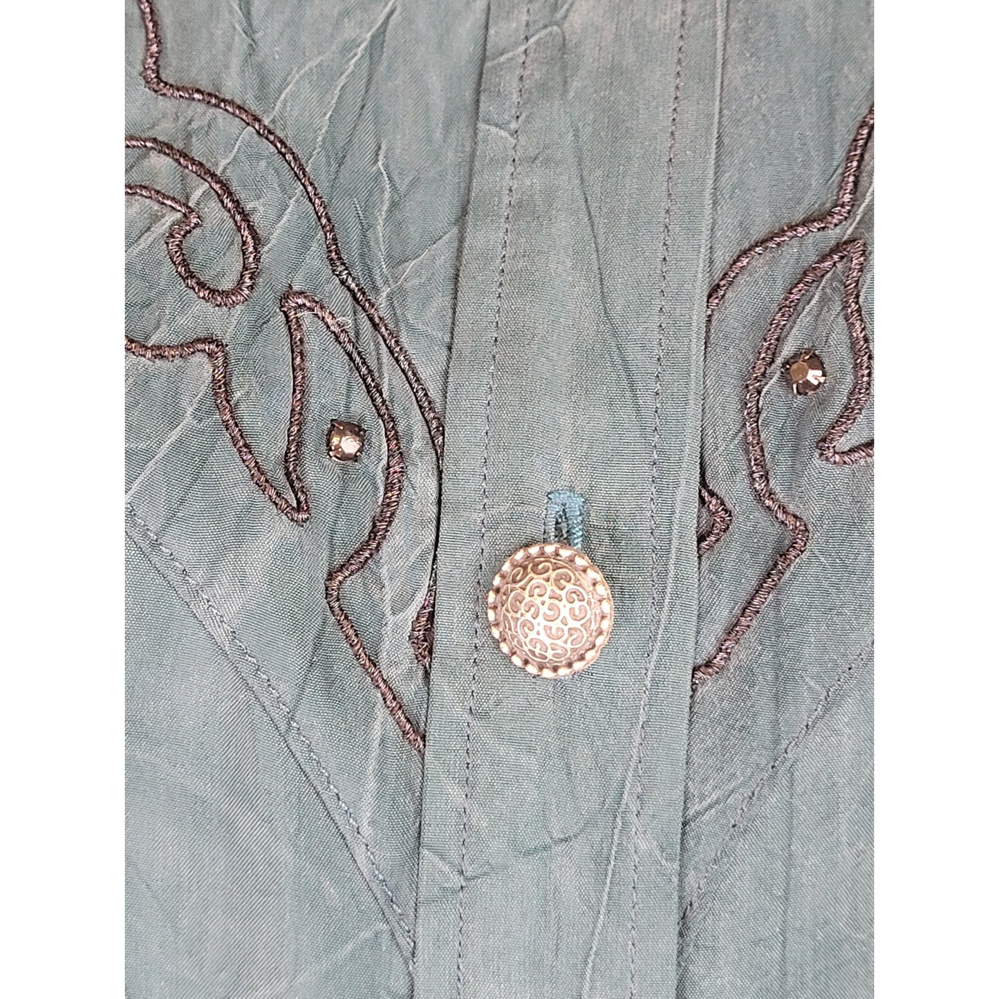 Vintage Rodeo Queen Emerald Green Silky Button-up Blouse with Embroidery Sz M
