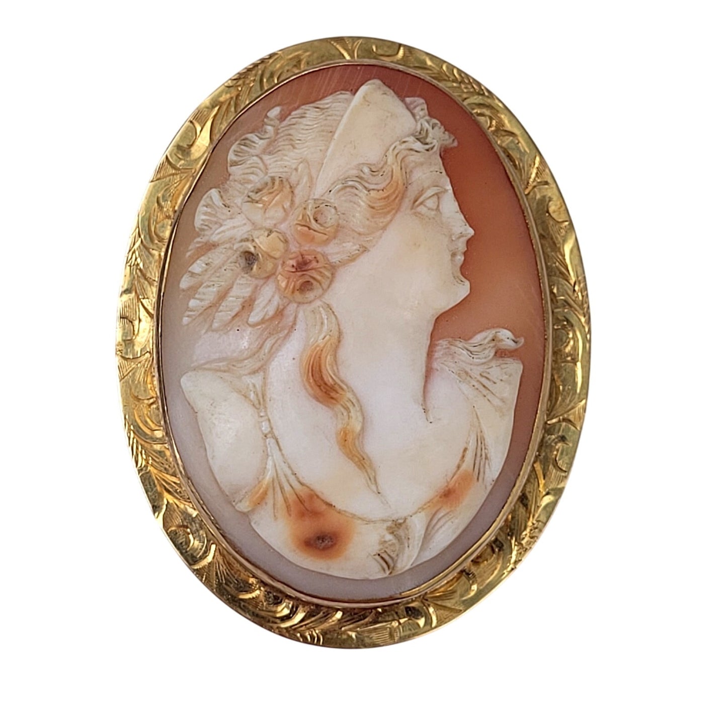 Antique Cameo Brooch Pendant 10K Yellow Gold Gorgeous Goddess Carved Shell Large