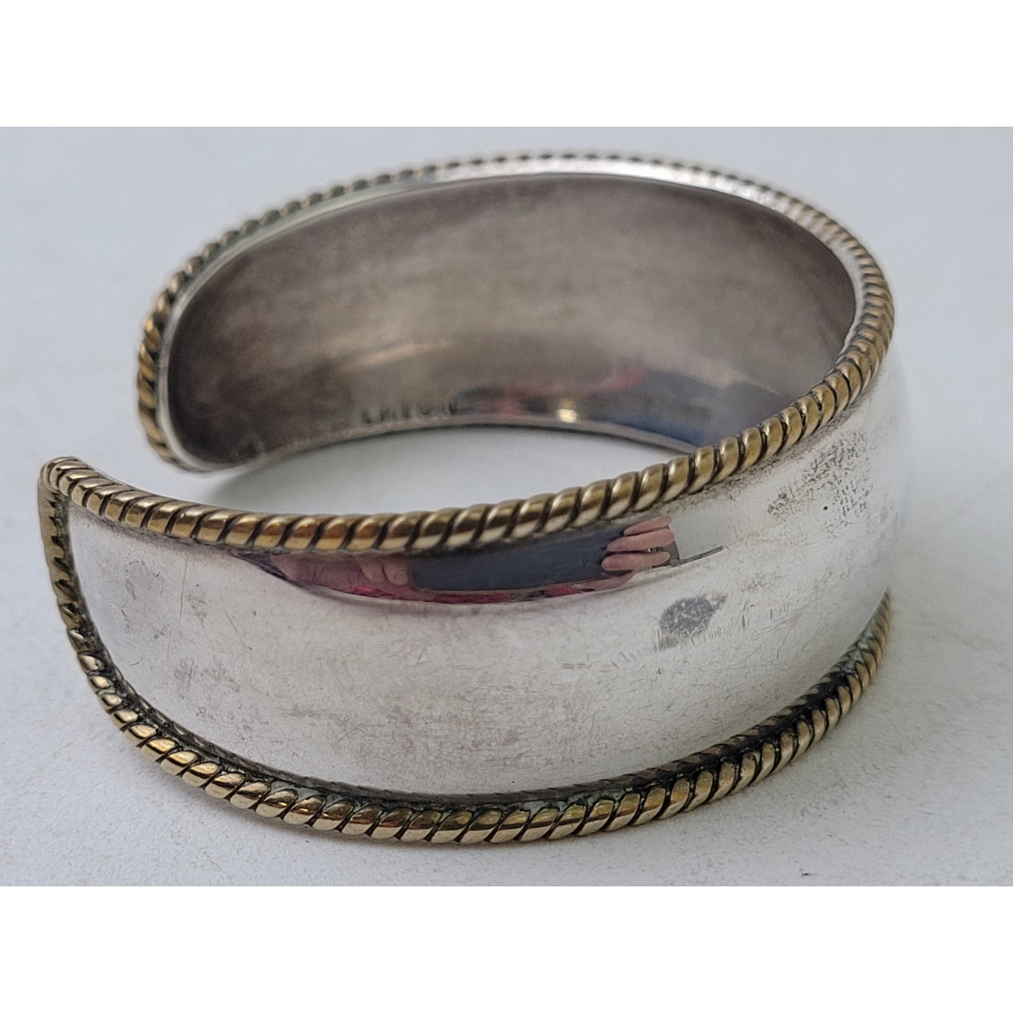 Vintage Thick 925 Sterling Silver Cuff Bracelet w Brass Braided Trim Small Wrist