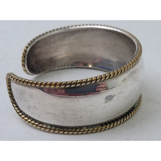 Vintage Thick 925 Sterling Silver Cuff Bracelet w Brass Braided Trim Small Wrist