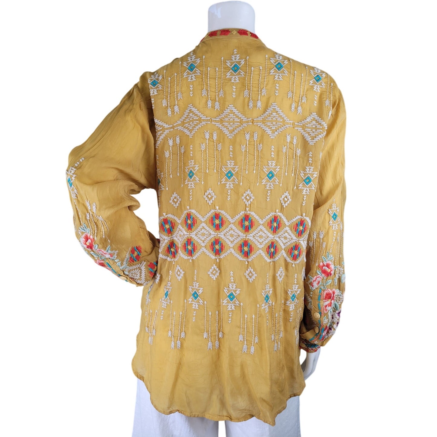 Johnny Was Donya Top Featuring Intricate Embroidery Detail & Tie-Front Sz M