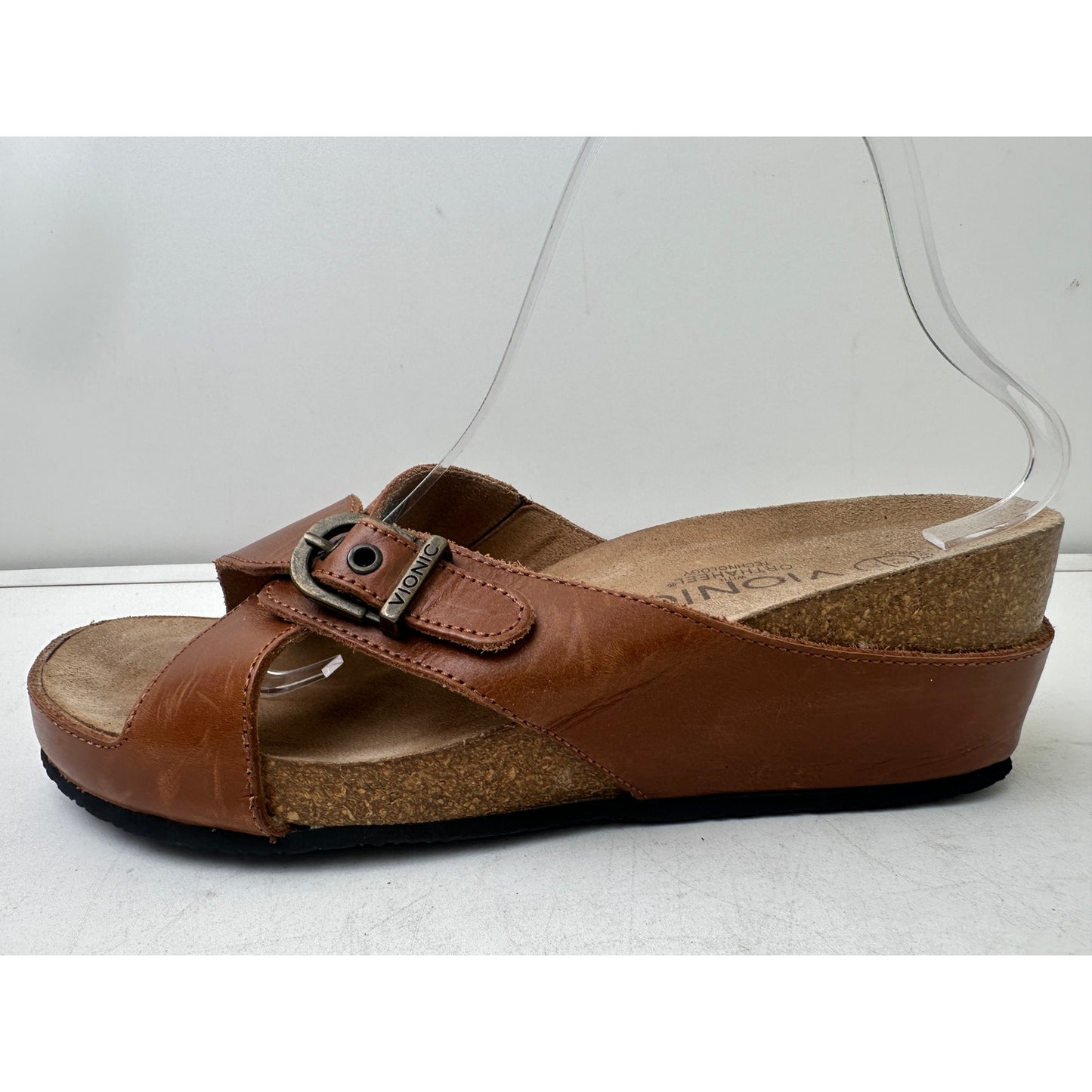 Vionic Orthaheel Mallorca Brown Leather Wedge Slide Sandals Women's Sz 9