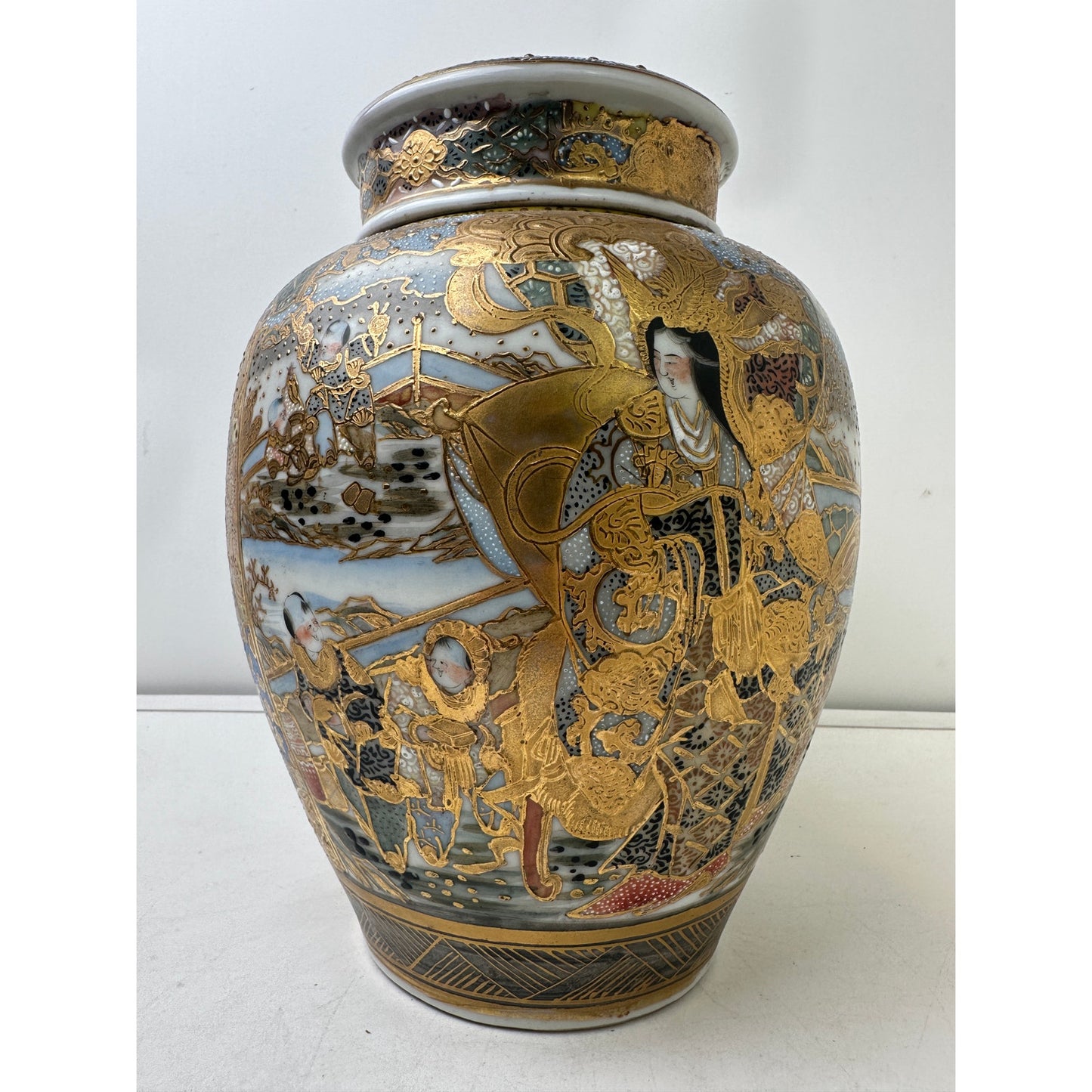 Vintage Japanese Satsuma Moriage Koro Incense Burner W/ Pierced Lid