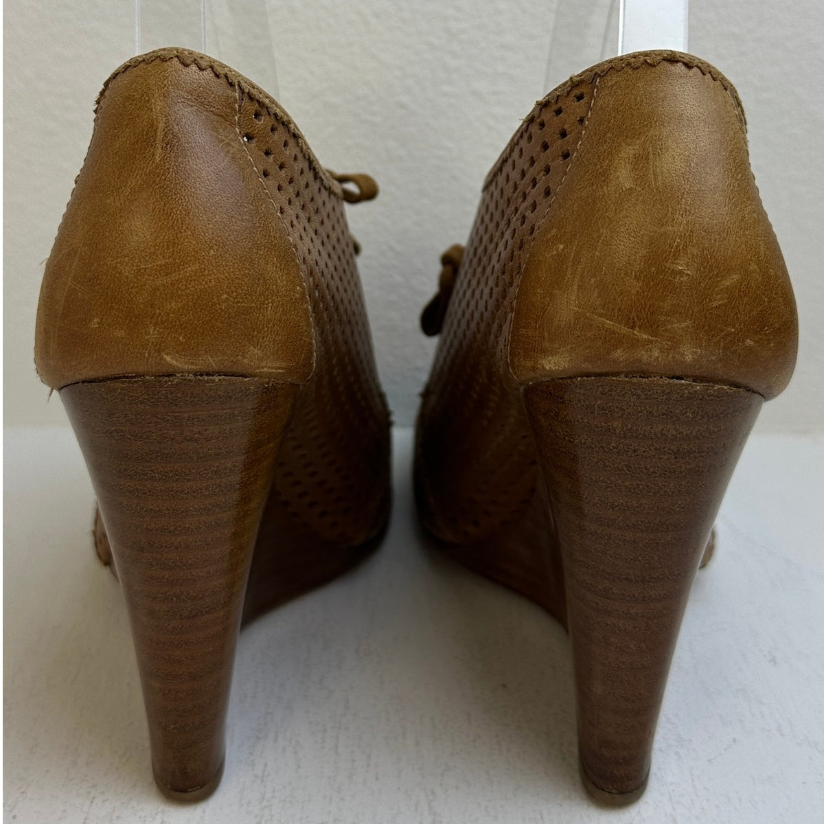 Tory Burch Camel Perforated Leather Victor Lace-Up Wedge Booties Women's Sz 9