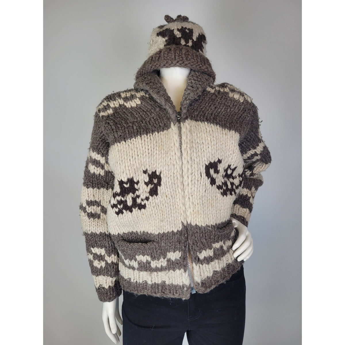 Vintage Heavy-Knit Wool Cowichan Style Zip-Up Sweater w Matching Toque Sz XS