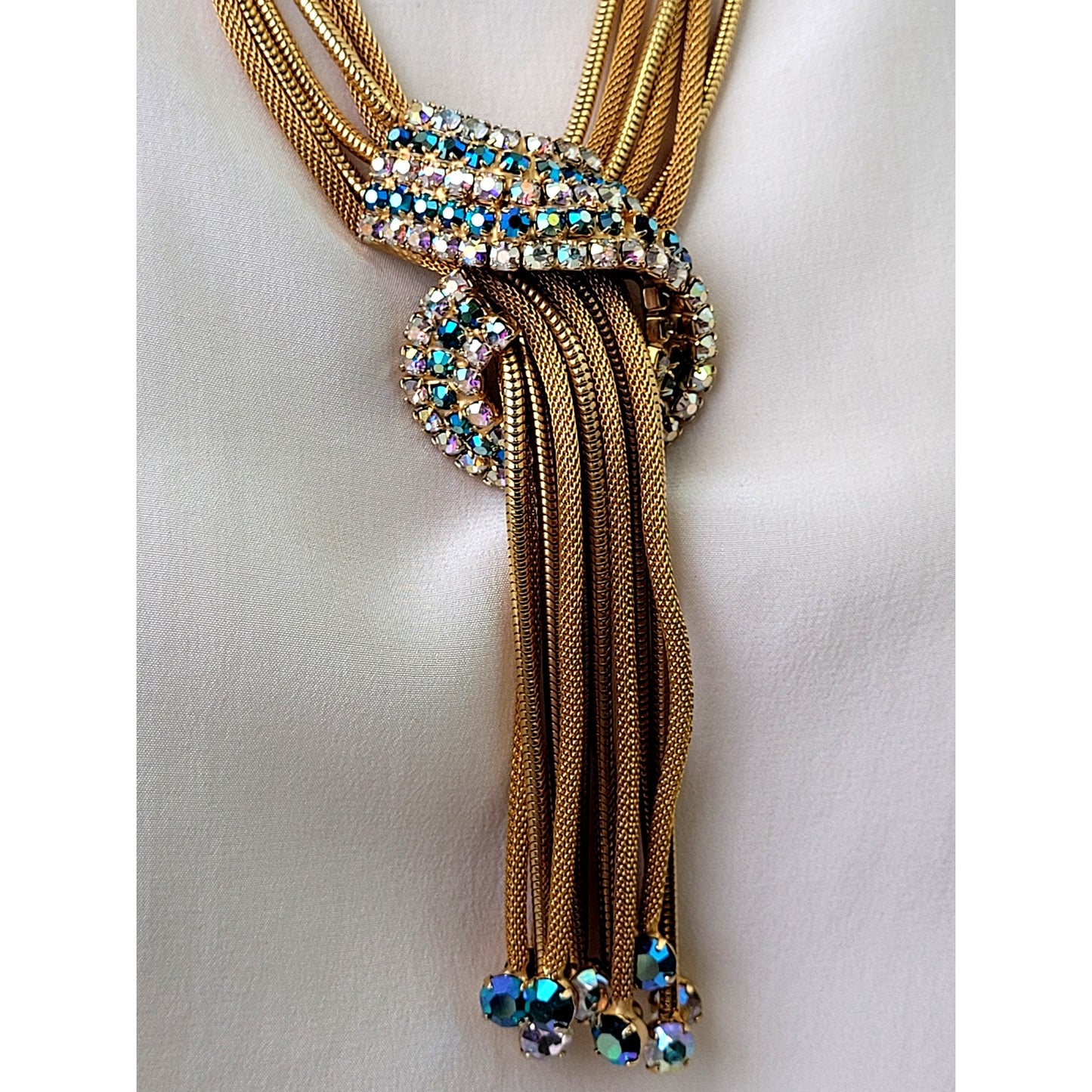 Vintage Gold-Tone Aurora Borealis Rhinestone Multi-Strand Necklace/Earrings Set