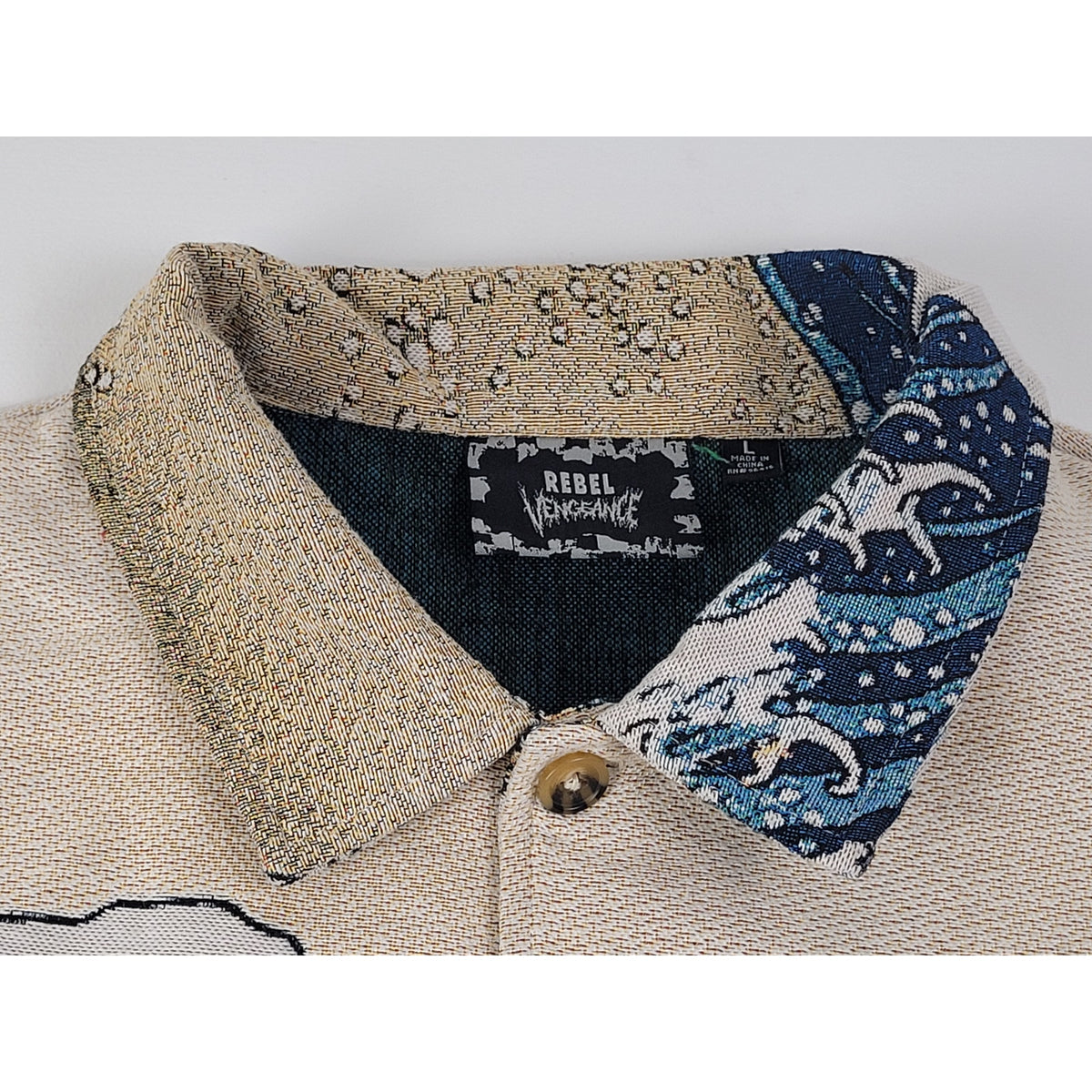 Rebel Vengeance Tapestry Button-Up Jacket The Great Wave of Kanagawa Men's Sz L