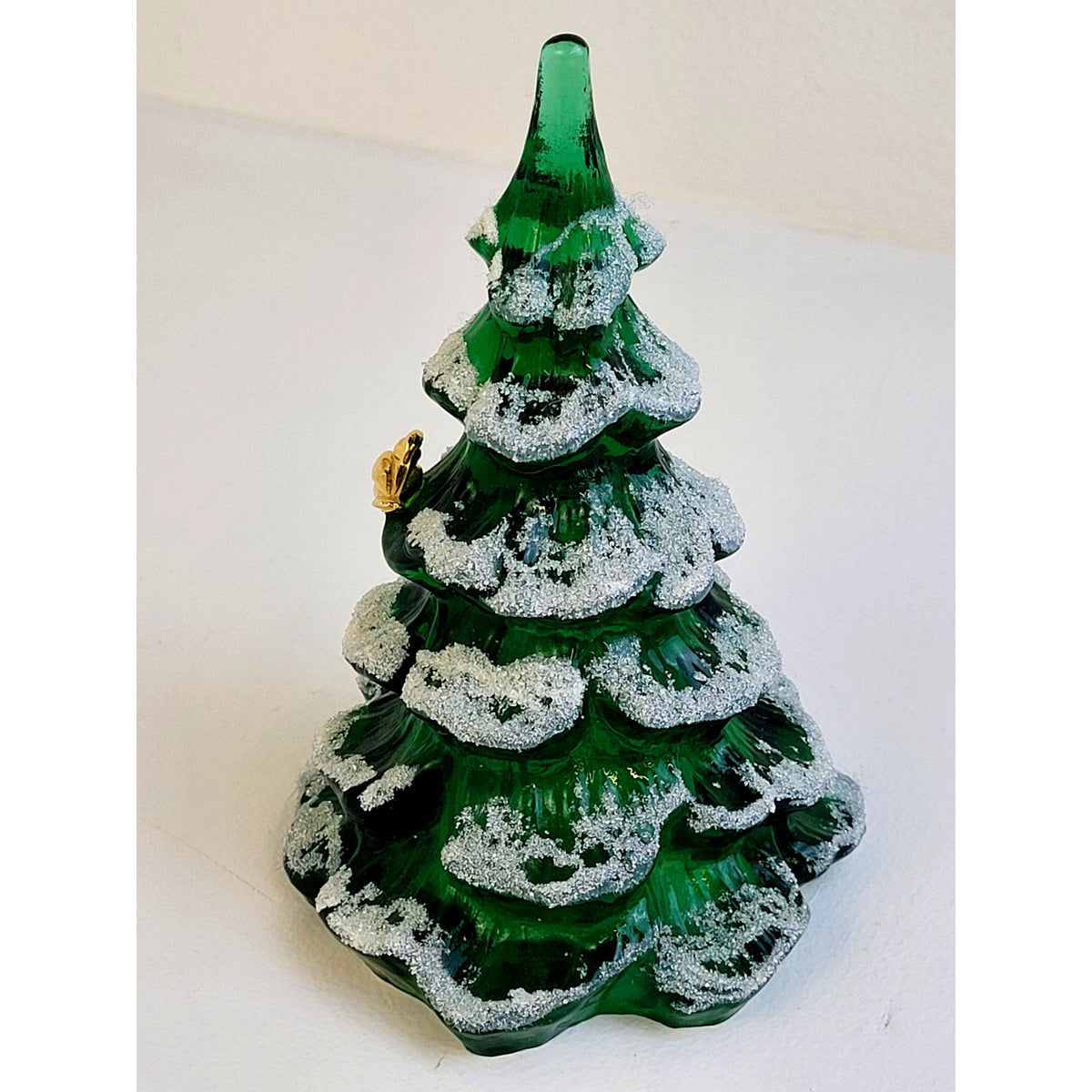 VTG 1990s Fenton Art Glass Christmas Tree w Metallic Gold Bird 6" Tall Signed
