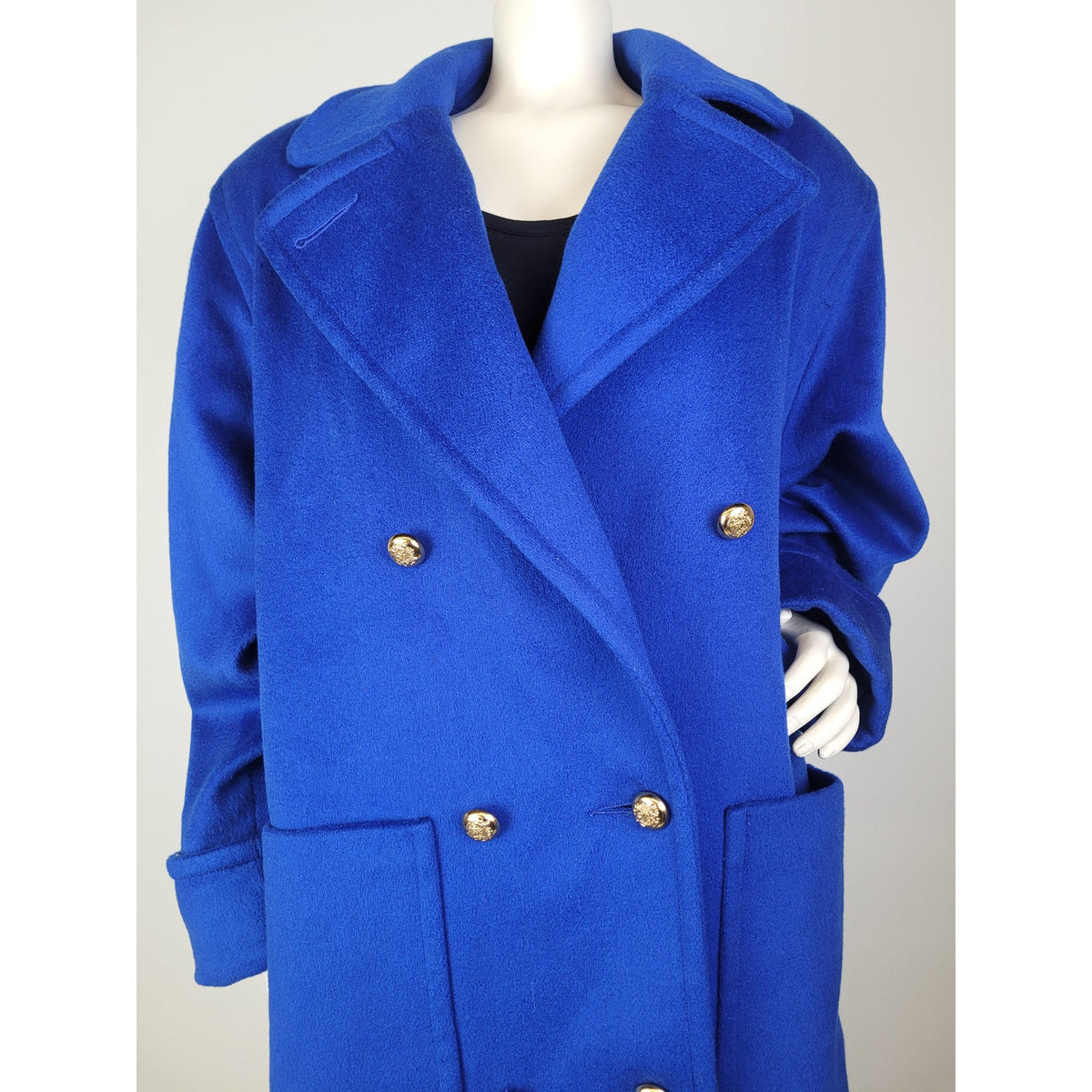 Vintage 1980s Cobalt Blue Double-Breasted Wool Overcoat Gold-Tone Buttons Sz M/L