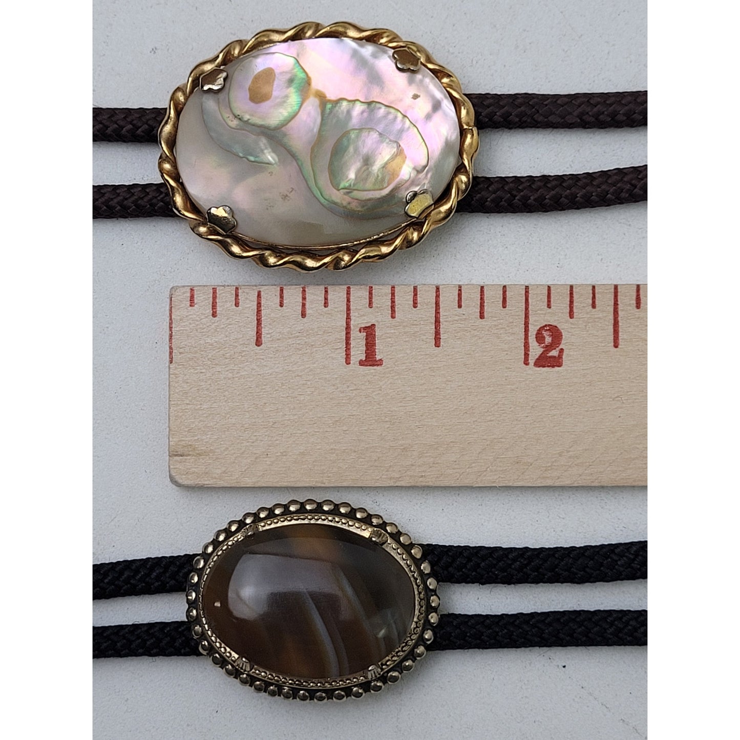 Vintage Pair of Western-Style Bolo Ties Mother of Pearl & Banded Agate Stone