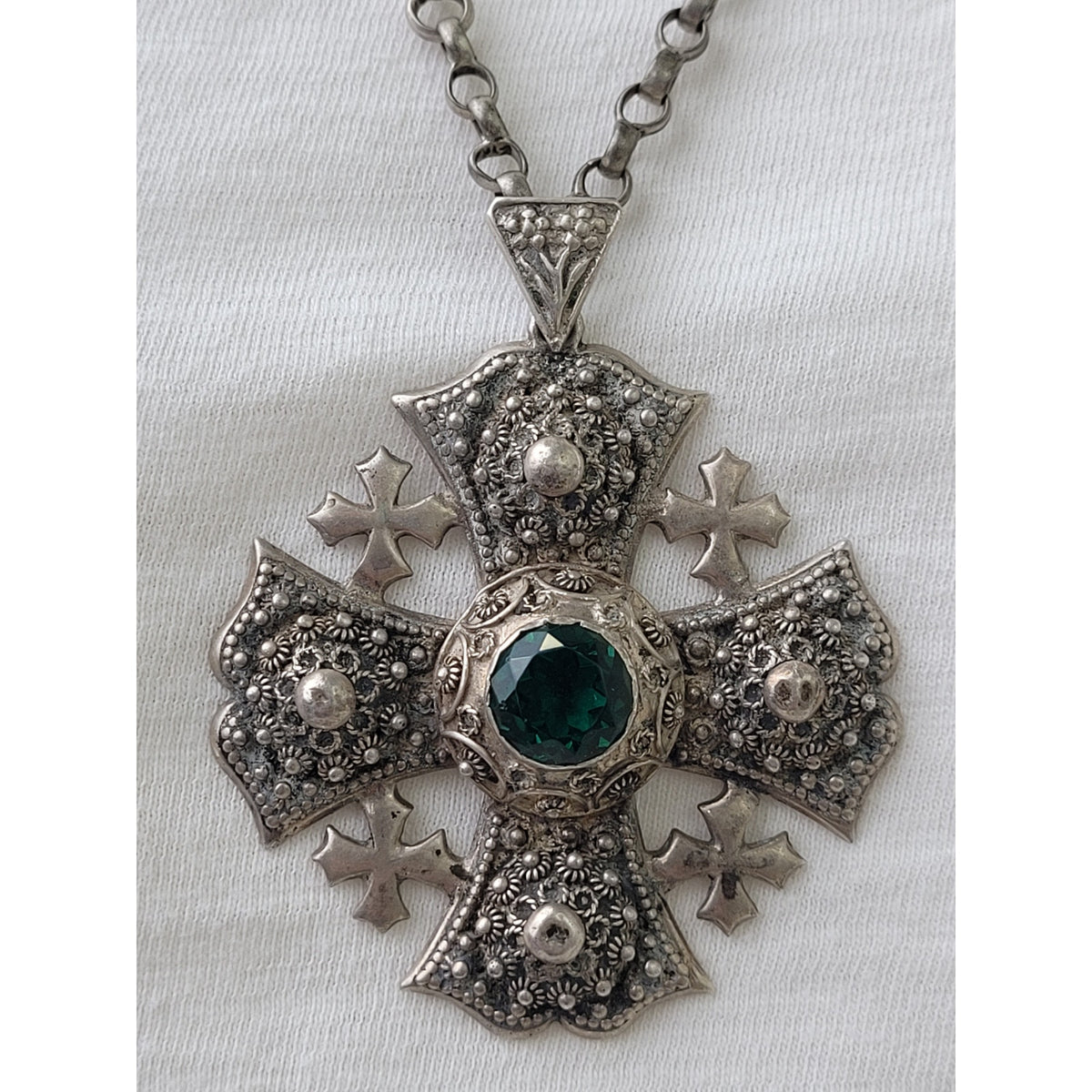 Vintage Sterling Silver Jerusalem Cross Green Stone Pendant on Thick Rolo Chain