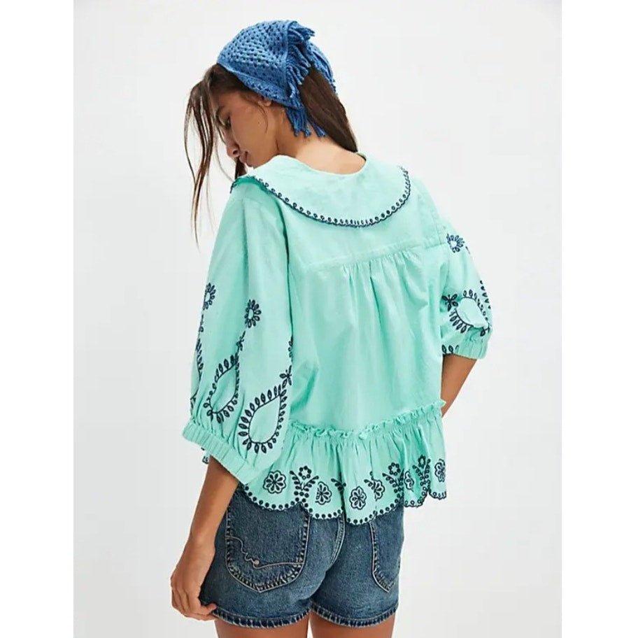 Free People Arcadia Floral Embroidered Blouse Women's Sz L MSRP: $168