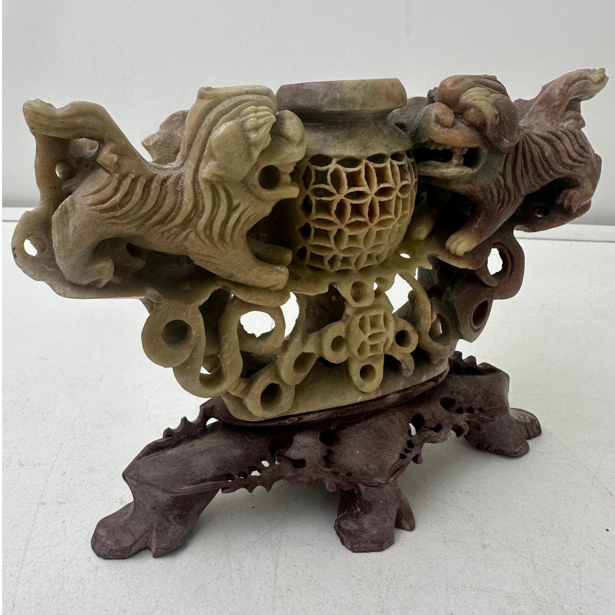 Vintage Chinese Hand-Carved Soapstone Foo Dog Incense Burner & Censer