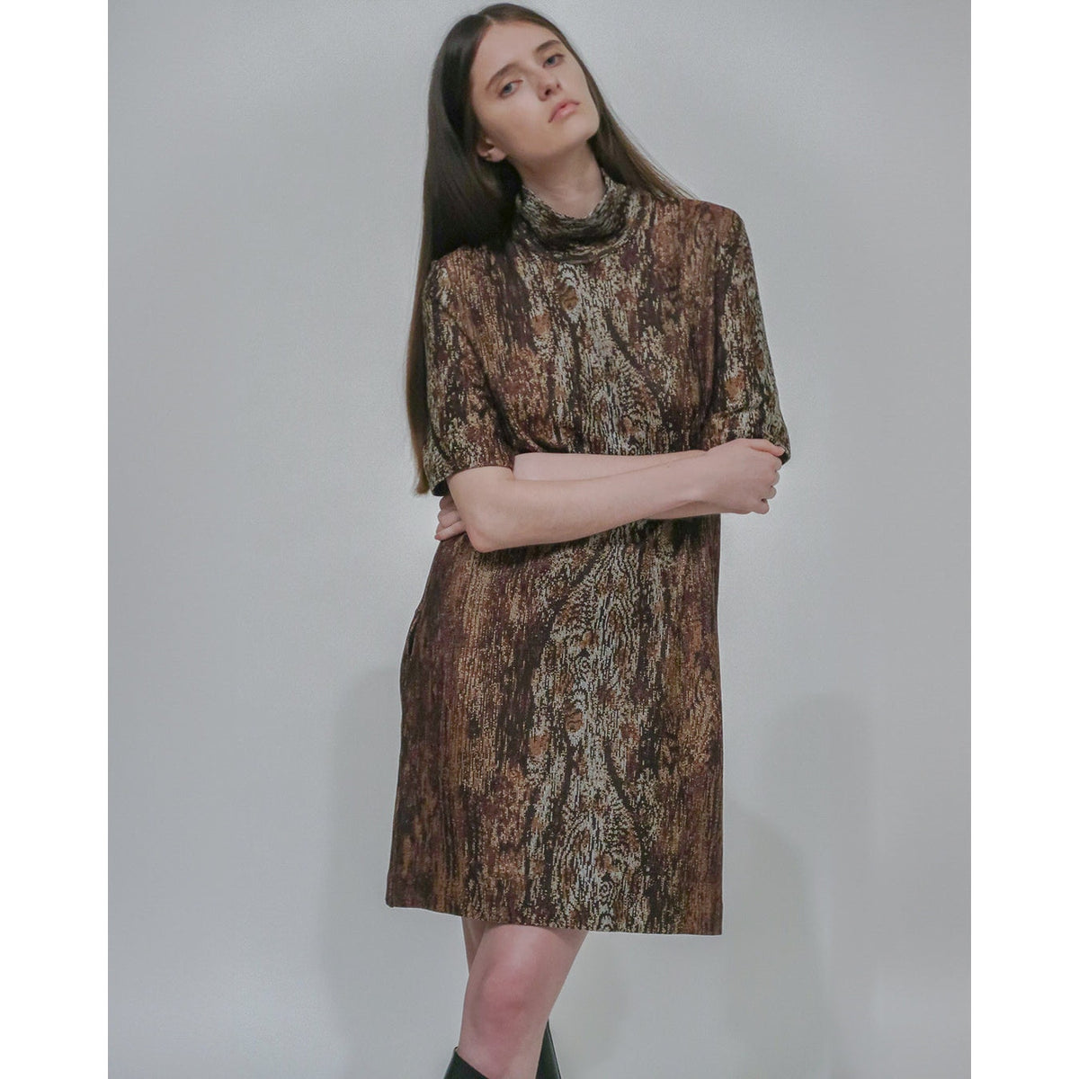 Rosetta Getty Woodgrain Turtleneck Shift Dress Brown Sz L NWT MSRP: $890