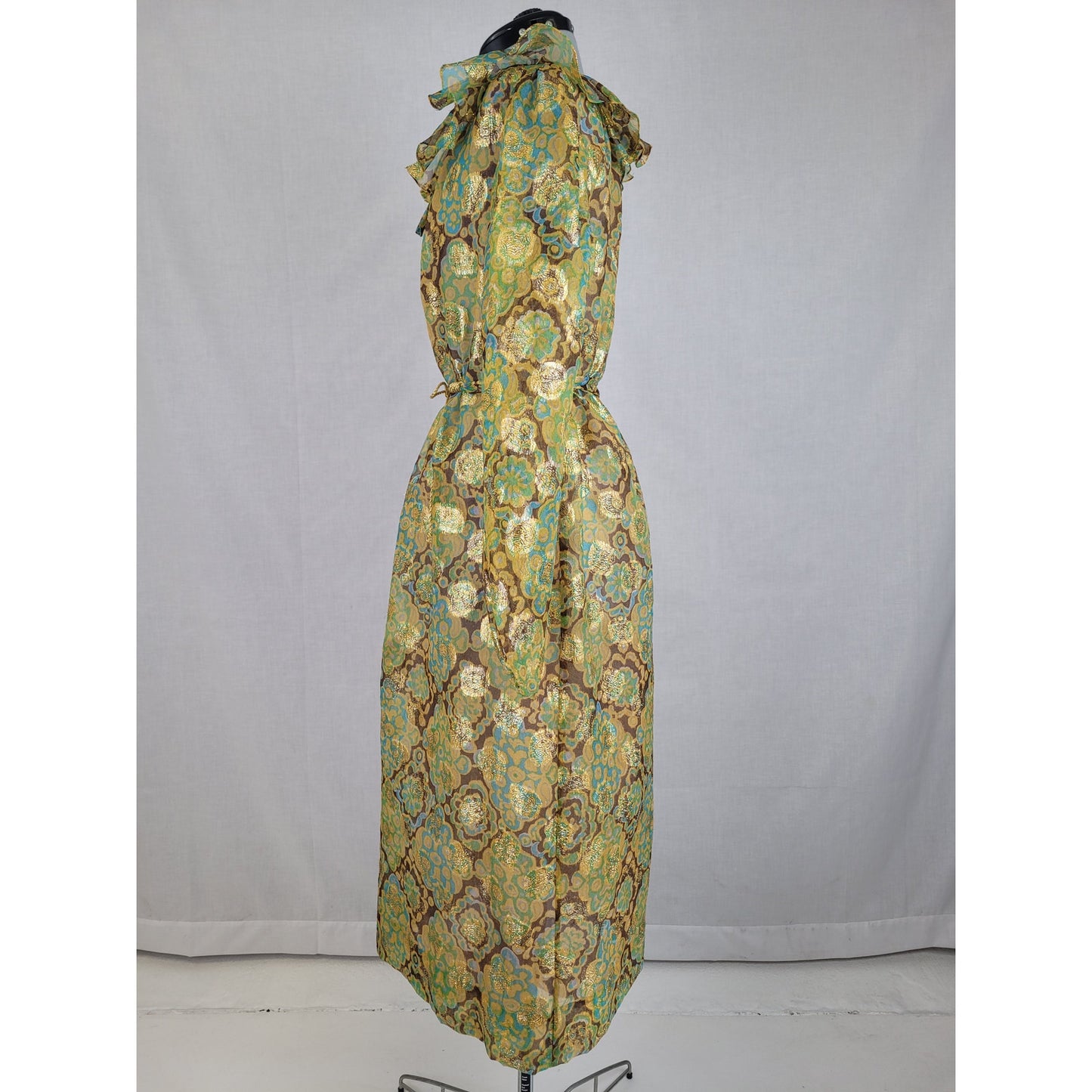 Vintage 1960-70s Adele Simpson Sheer Dress Metallic Fabric Belted Sz S/M