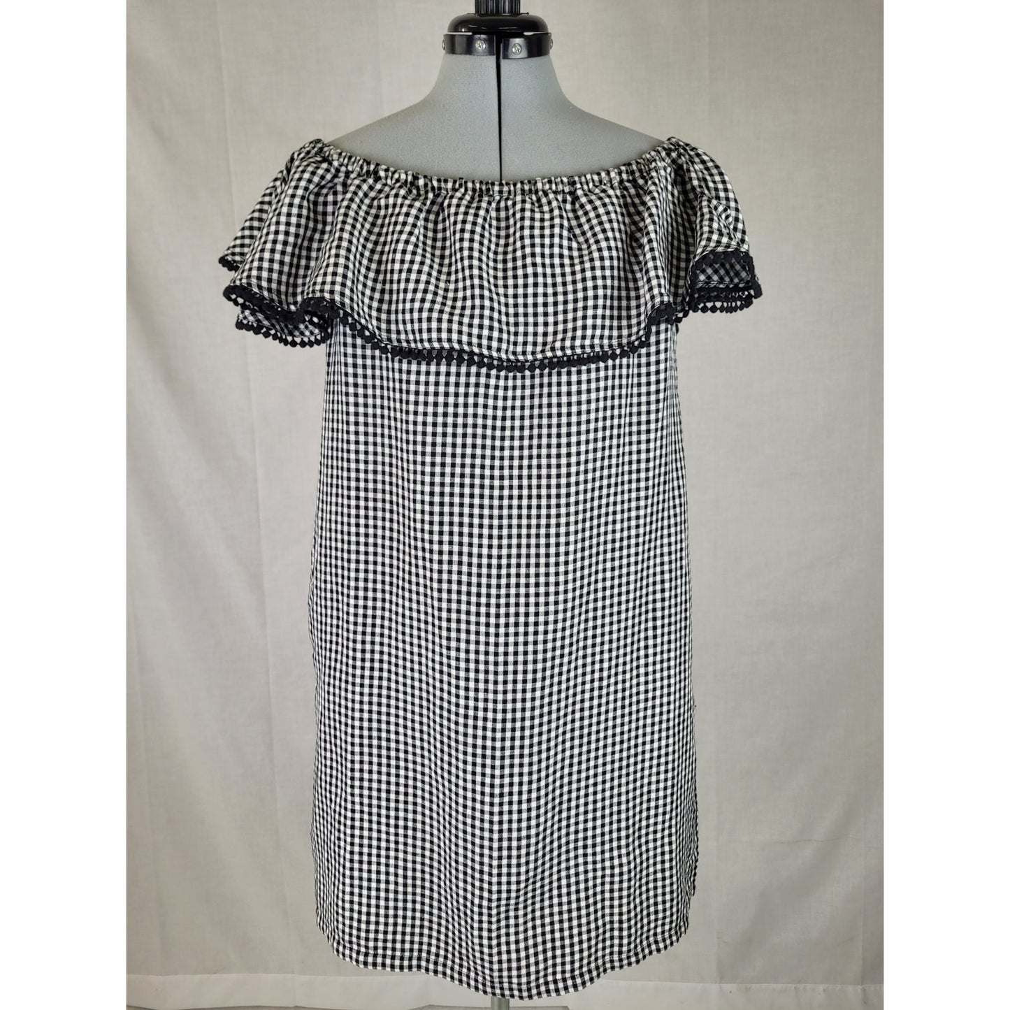 Tommy Bahama Gingham Of-The-Shoulder Ruffle Dress Black & White Linen Blend Sz S