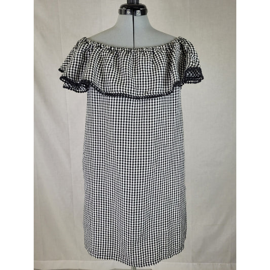 Tommy Bahama Gingham Of-The-Shoulder Ruffle Dress Black & White Linen Blend Sz S