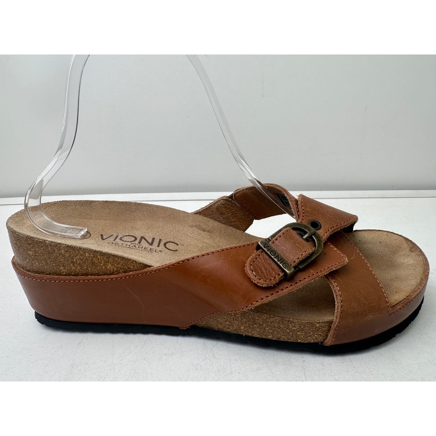 Vionic Orthaheel Mallorca Brown Leather Wedge Slide Sandals Women's Sz 9