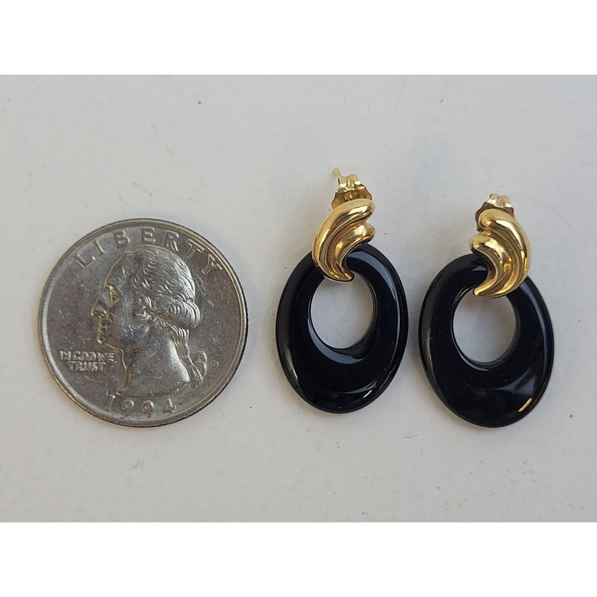 Vintage 14K Yellow Gold & Onyx Drop Dangle Earrings | 27mm Long | 3.19 Grams