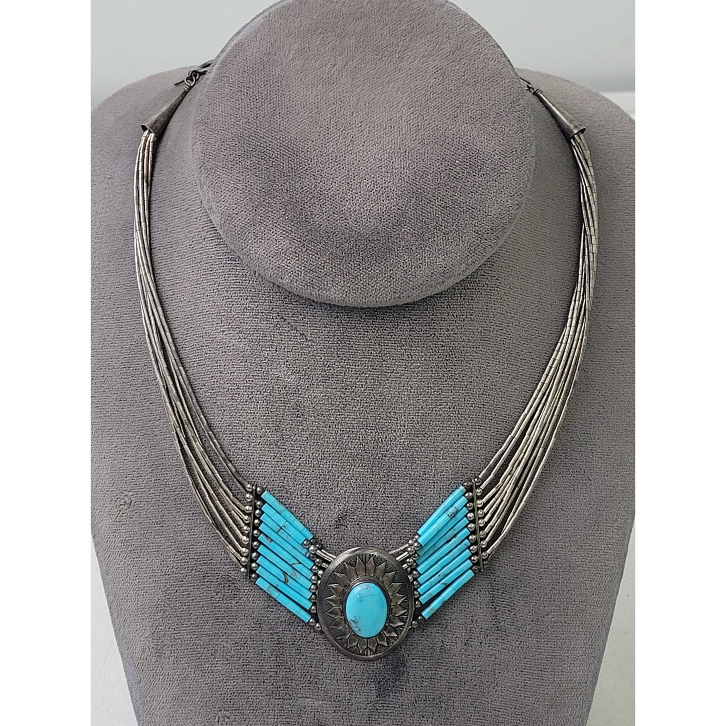 VTG Liquid Sterling Silver & Turquoise Multi-Strand Choker Necklace Adjustable