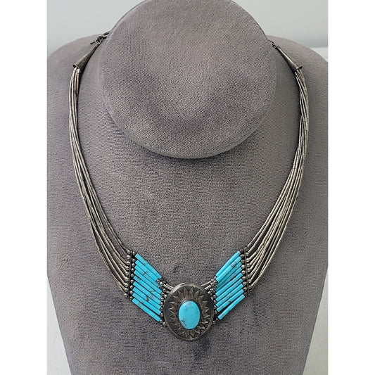 VTG Liquid Sterling Silver & Turquoise Multi-Strand Choker Necklace Adjustable
