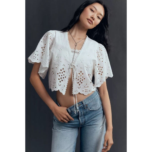 Anthropologie Maeve Tie-Front Eyelet Crop Blouse White Cotton OS