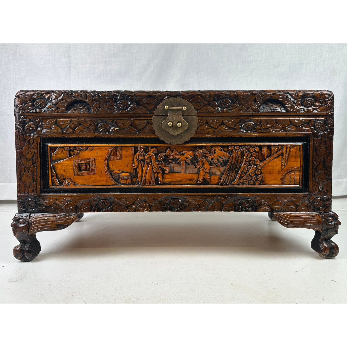 Vintage Hand-Carved Asian Wood Storage Chest