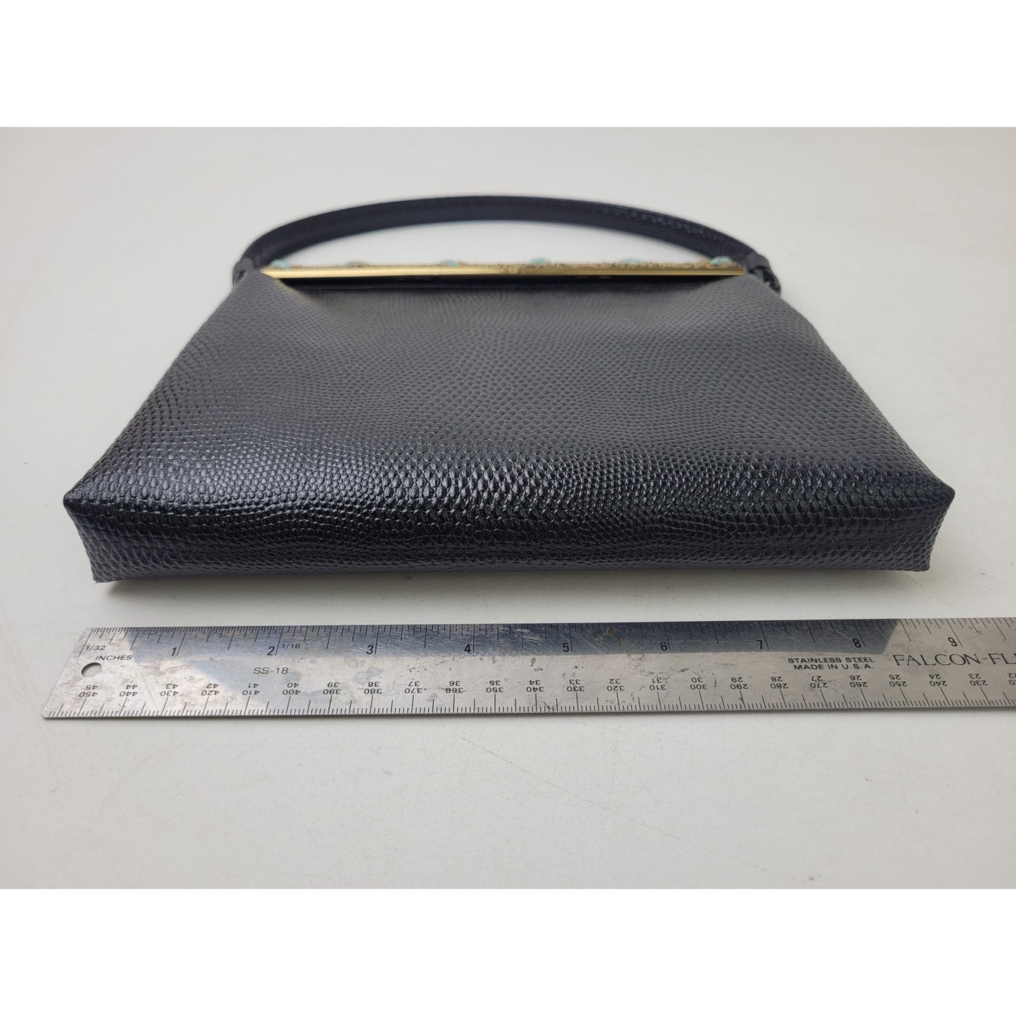 Vintage 1950s Black Lizard-Embossed Leather Evening Bag w Gold Tone Closure