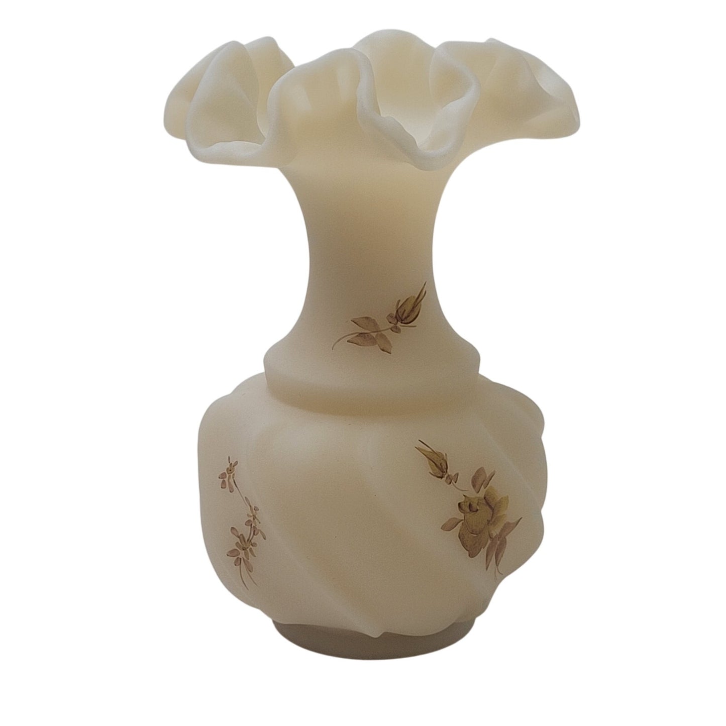 Fenton Art Glass Vase Custard Satin Hand-Painted Floral Design Signed 4.5" H