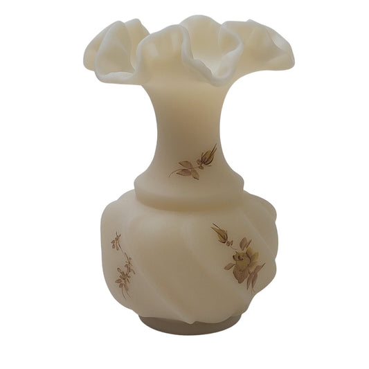 Fenton Art Glass Vase Custard Satin Hand-Painted Floral Design Signed 4.5" H