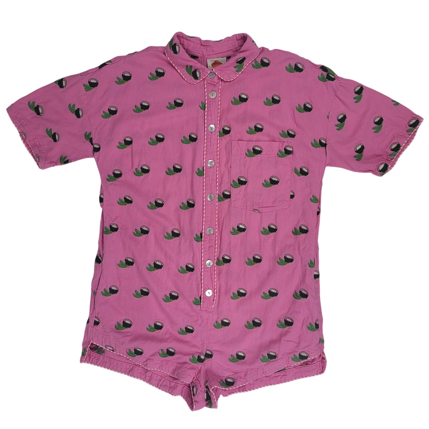 FARM Rio Cross Stitch Coconut Romper Pink Mother-of-Pearl Buttons Sz L