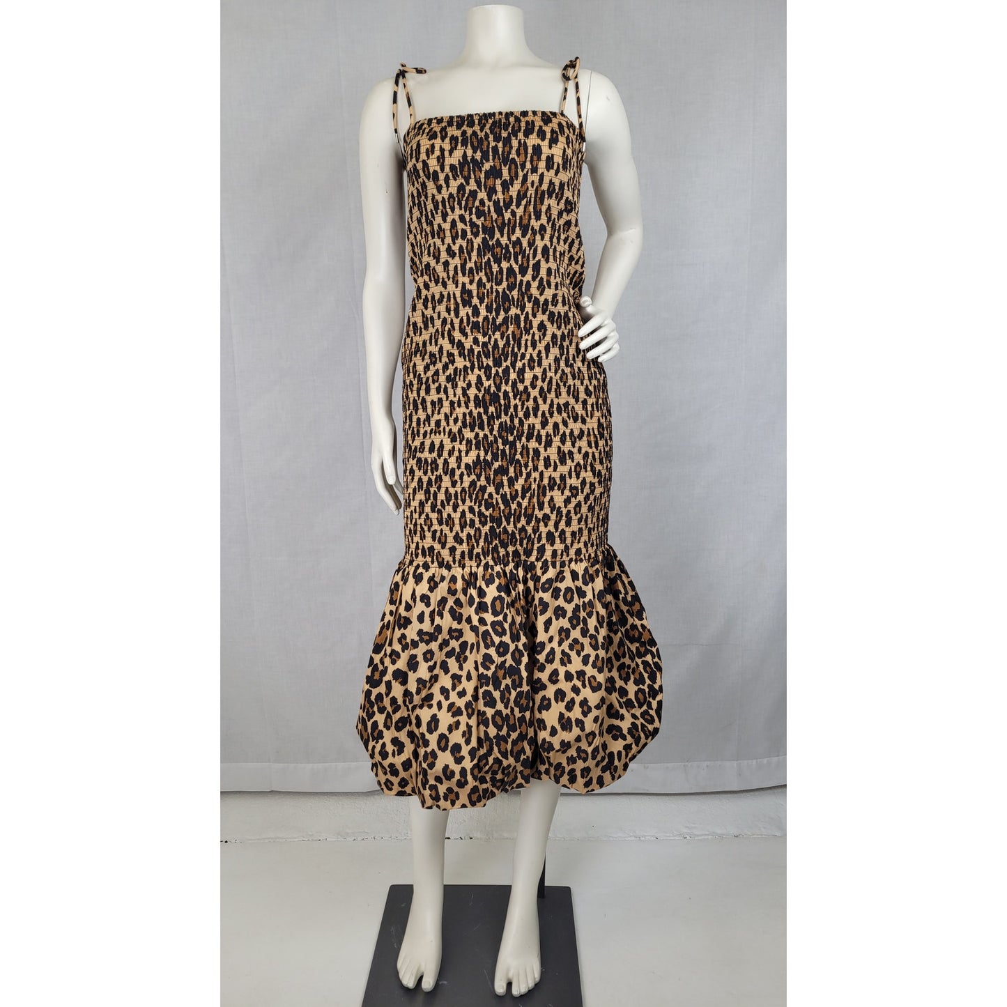 SIMONMILLER Canto Smocked Poplin Dress in Leopard Print Adustable Straps Sz S